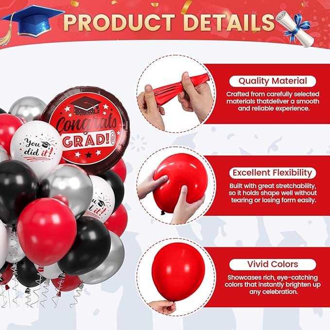 Red Black Silver Graduation Balloons, 60pcs Red Silver Black White Printed Balloons, Congrats Grad Foil Balloon for Graduation 2026 Decorations Celebration Anniversary Party Supplies