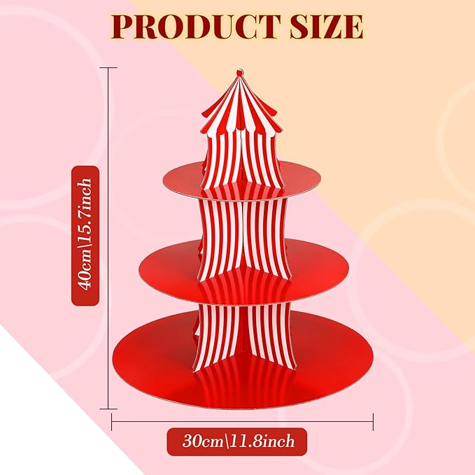 Amyhill 2 Pcs Carnival Cupcake Stand 3 Tier Cardboard Cupcake Holder Red White Striped Circus Cupcake Holders for Dessert Table Displays Carnival Birthday Theme Party Decorations