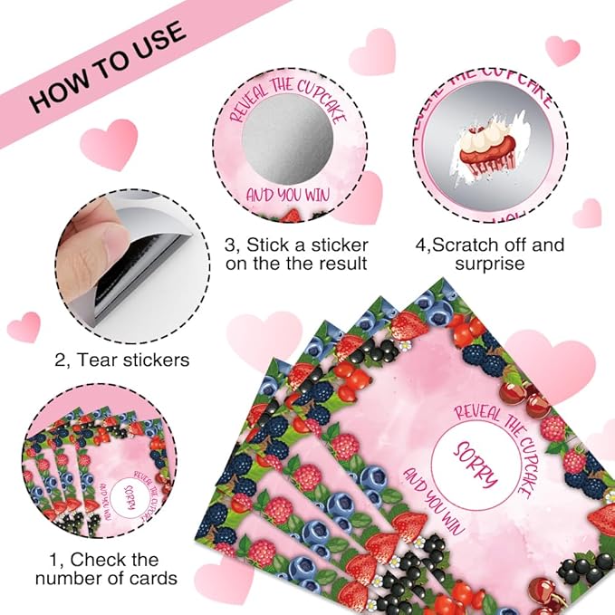 50 Pcs Berry Scratch off Game Cards, Sweet Berry Pink Scratch Cards for Birthday Baby Shower Party, Blueberry Strawberry Party Supplies, Lottery Prize Raffle Tickets