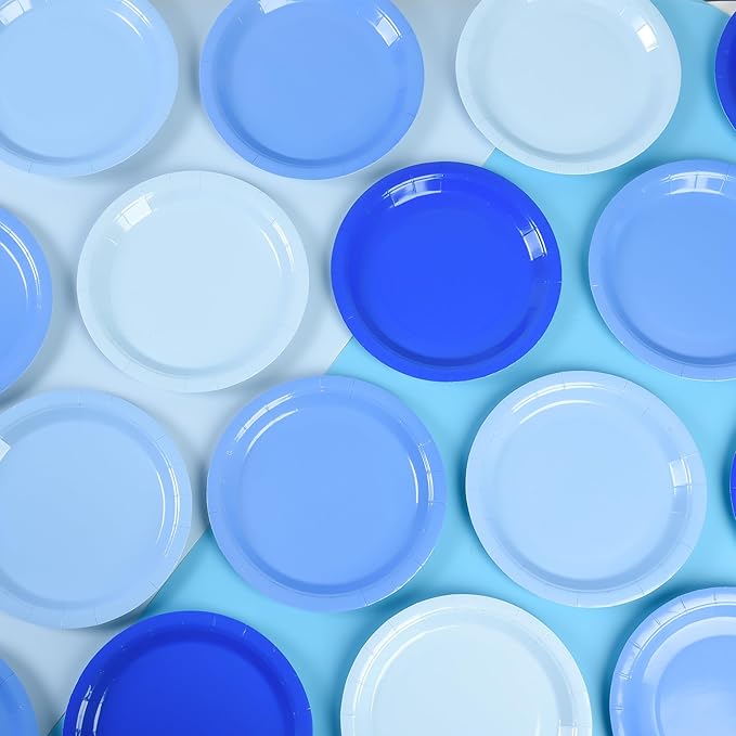 AimFun Blue Gradient Blue Party Plates 7'Disposable Round Dessert Plates for Birthday Wedding Bridal Engagement Baby Shower Party Supplies 48