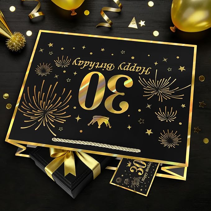 JMANNI Black Gold 30th Birthday Gift Bag with Card and Tissue Paper, 12.6"×9.84"×3.9" Elegant Present Bag for Adults, 30 Year Old Birthday Keepsake Party Supplies