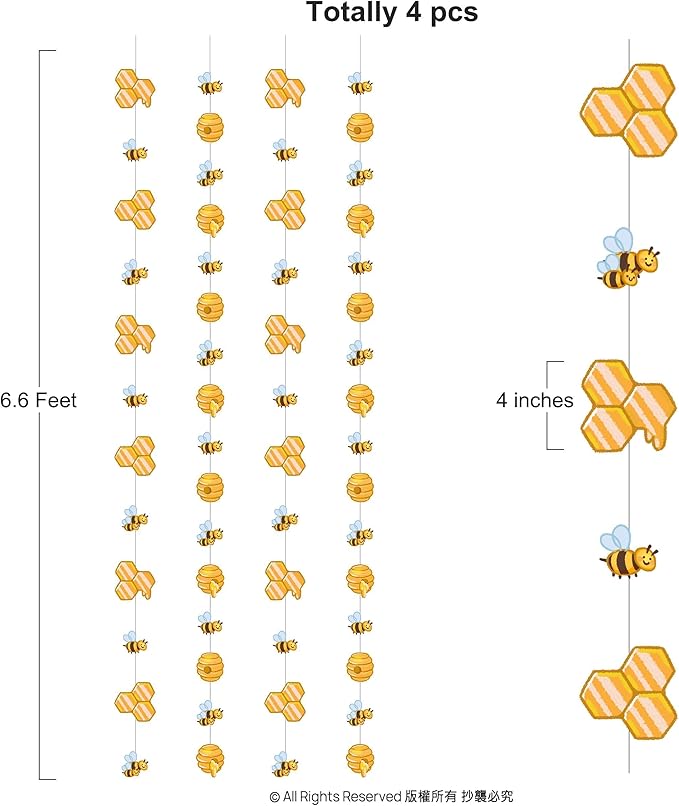 Cheerland Cute Bee Garland Set Honey Comb Decorations for Bee Birthday Party Decorations Bumblebee Decoration Streamers Kids First Birthday Baby Shower Gender Reveal Summer Honey Decoration 4 Pcs