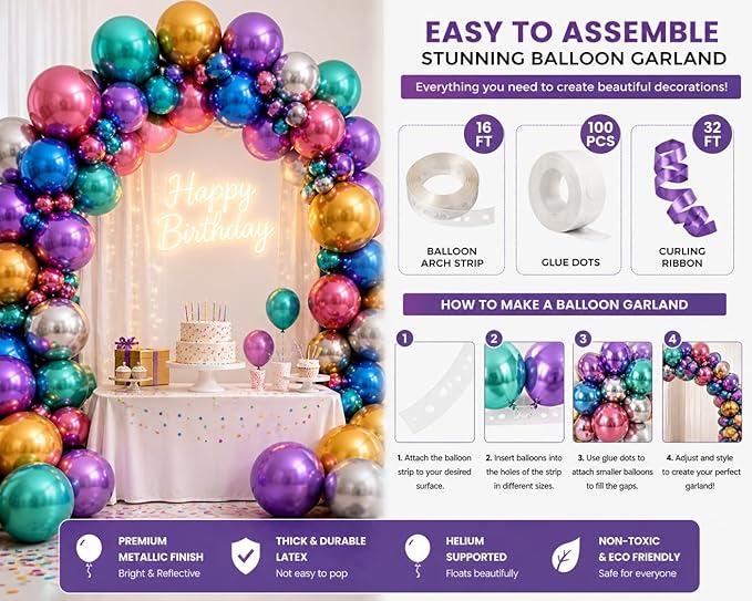 Chrome Metallic Balloons 12 Inch – 100 Pack Assorted Multicolor Latex Balloons for Balloon Arch, Birthday Party, Baby Shower, Wedding Decorations with Ribbon & Glue Dots