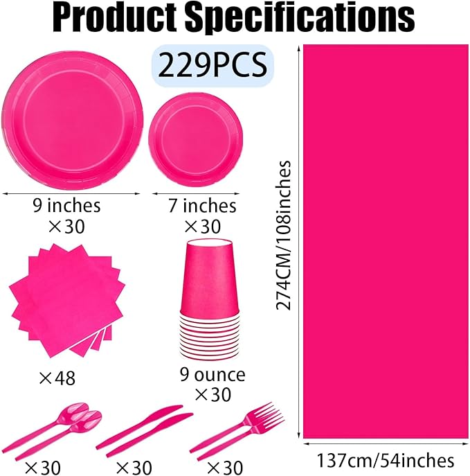 229PCS Hot Pink Party Supplies Set - Paper Disposable Plates Cups Plastic Spoons Forks Knives Napkins Serve 30 Guests