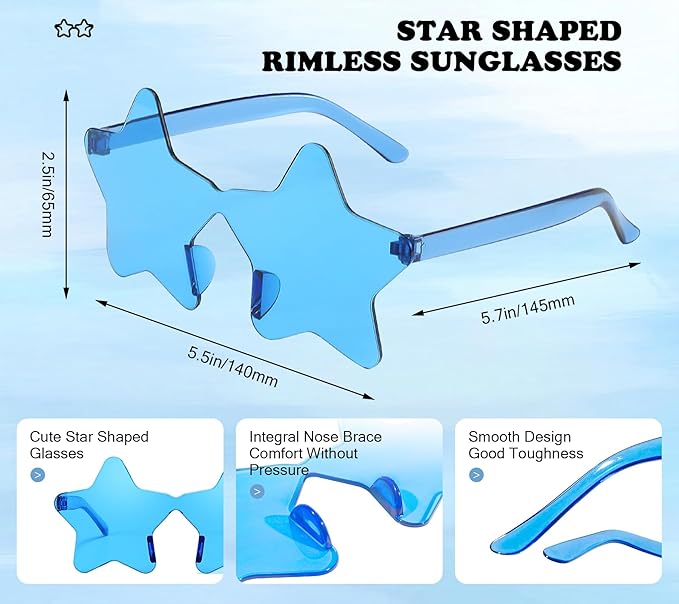 SUNOVELTIES 16/48 Star Rimless Sunglasses Irregular One Piece Colored Party Glasses Transparent Fun sunglasses for Teen Adult