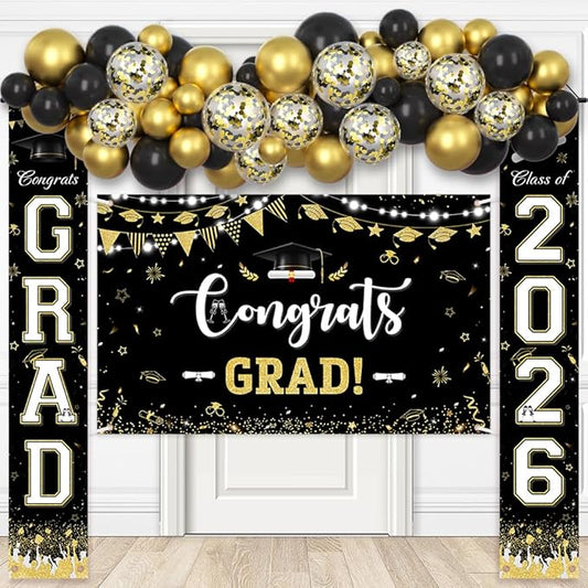 AIBIIN 60pcs Graduation Decorations Class of 2026 Black Gold Graduation Balloon Arch Kit with Congrats Grad Backdrop Class of 2026 Porch Sign Banner Congrats Grad Prom Party Decorations Supplies