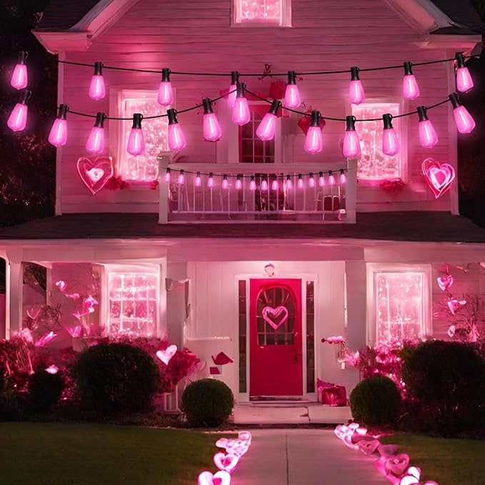 LAMPHOME 2-Pack 26Ft ST38 Pink Valentine's Day Patio Lights ，Outdoor String Lights with 12+1 ST38 Edison Bulbs, Shatterproof LED Lights for Outside Bistro Christmas Wedding Party Decorations