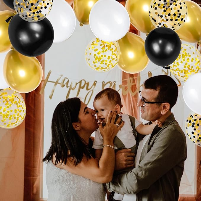 68Pcs Black White Gold Balloons with 12 Inch Black Gold Confetti Balloons for Graduation Birthday Wedding Party Decorations