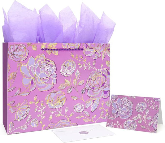 Oletx 13" Gold Pink Flower Gift Party Bags Happy Birthday Gift Bag with Tissue Paper Greeting Card for Women's Birthday Party,Wedding,Anniversaries,Mother's Day