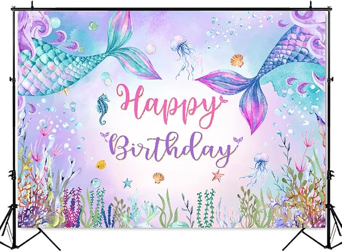 Mocsicka Mermaid Birthday Backdrop Under The Sea Birthday Party Decoration for Girl Blue Purple Mermaid Tails Photography Background (10x8ft(120x96 inch))
