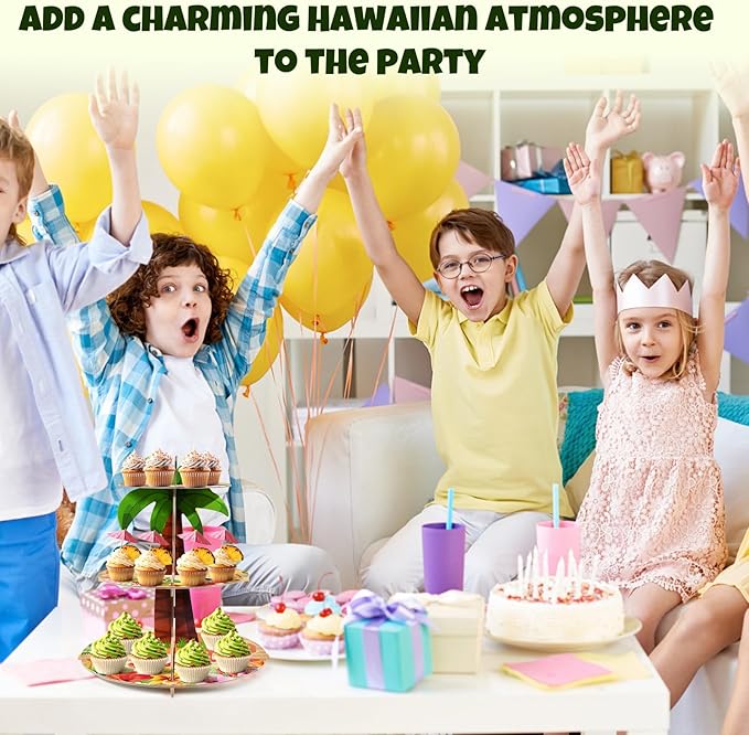 3-Tier Cupcake Stand - Palm Tree Party Decor for Luau, Hawaiian & Tropical Themed Events - Multi-Colored Cardboard Tiered Tray for Beach & Pool Party Decorations