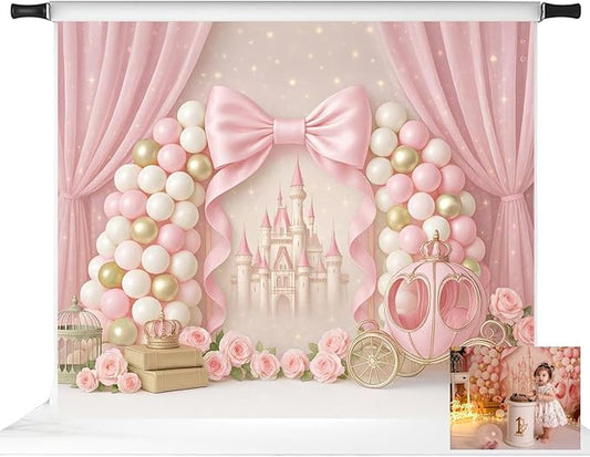 Kate Pink Castle Bow Backdrop for Kids Birthday Party Balloons Princess Carriage Home Decoration Cake Smash Background Photo Booth Props 10x8ft