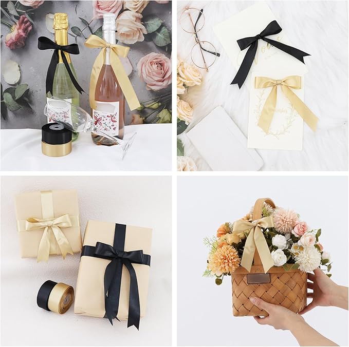 TONIFUL 1 Inch 5 Rolls Black Gold Ribbon, Graduation Satin Ribbon for Gifts Wrapping, Flower Bouquets, Bows Making, Crafts, Birthday, Graduation Leis, Christmas Party Decorations(25 Yards/Roll
