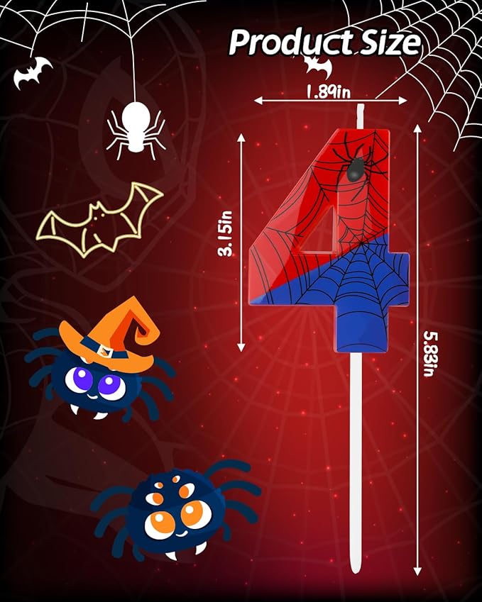 Number 4 Spider Themed Birthday Candle, 2.68 Inch Red Blue Spider Birthday Candles, Number Candles Birthday Cake Toppers Web Candles for Boy Girl Spider Party Decoration Supplies Halloween Party