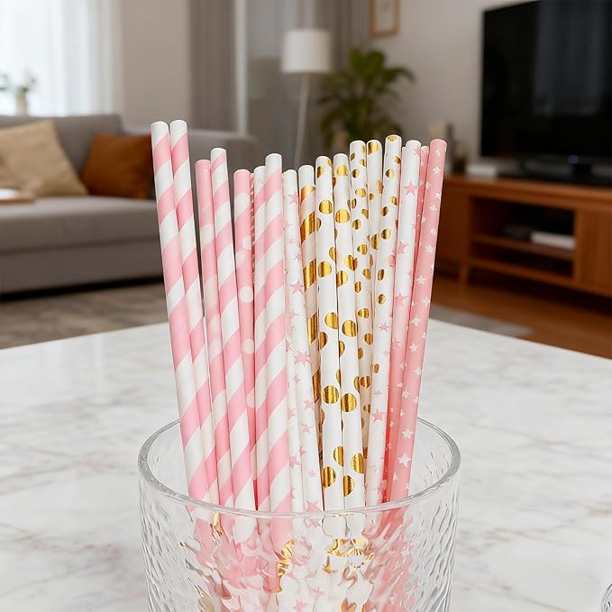 100 Pack Glitter Valentine's Day Paper Straws, Gold & Pink Disposable Drinking Straws for Valentine's Day,Christmas, Holiday Celebrations, Bridal Shower, Wedding Birthday Party Supplies