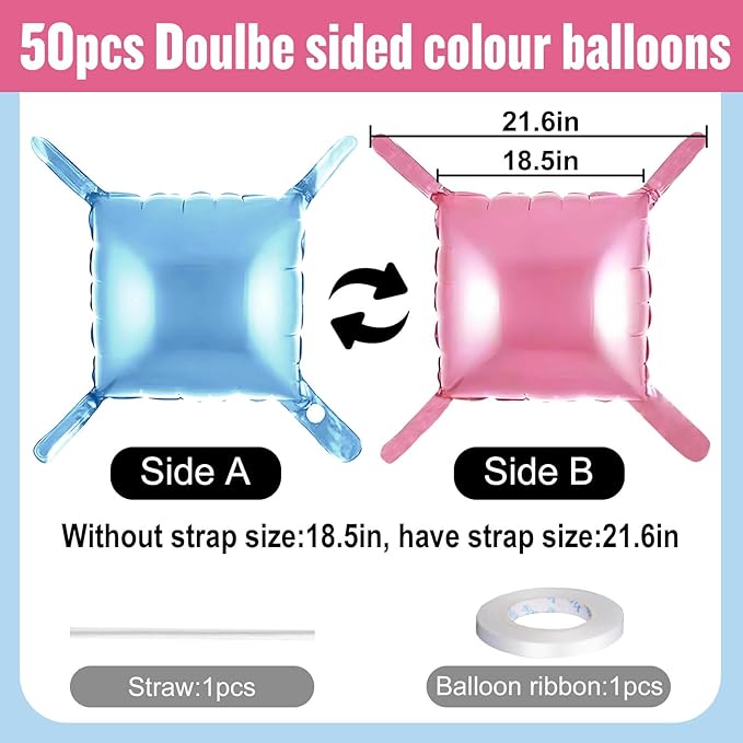 50Pcs Pink and Blue Square Foil Balloons Wall Backdrop, Double Sided Metallic Foil Balloons Tunnel Arch Garland Kit for Photo Booth Birthday Wedding Halloween Christmas Party Decorations