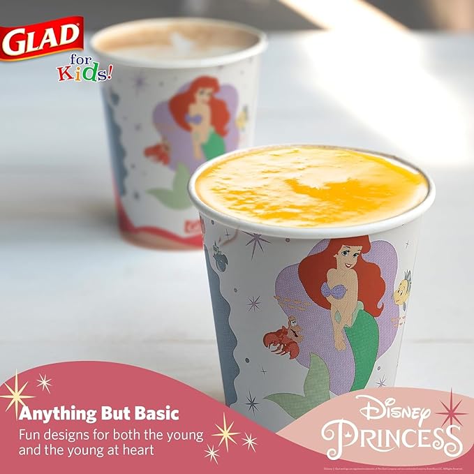 Glad for Kids Disney Princess Disposable Paper Cups for Bathroom Use and Parties, Heavy Duty Soak Proof Paper Cups for Kids, Colorful Princess Designs, 9 Ounce, 24 Count - 10 Pack