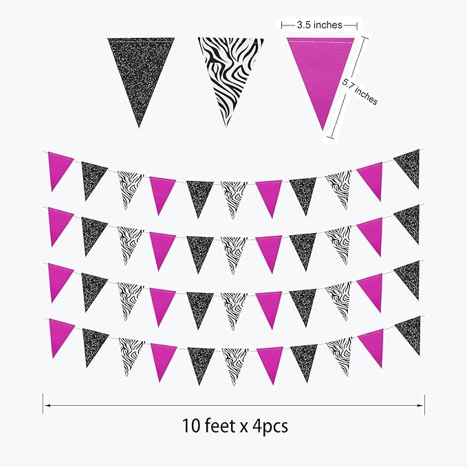 Cheerland Pink Zebra Party Decorations Hot Pink and Zebra Print Birthday Party Decorations Animal Print Streamers Triangle Flag Bunting Pennant Garland Banner Jersey Shore Decor Supplies 4 Pcs