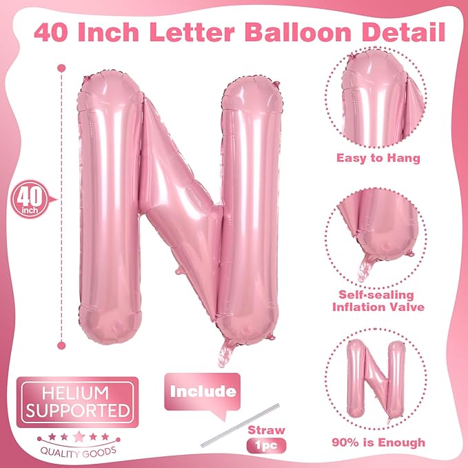 Pastel Pink N Letter Balloon, 40 Inch Giant Light Pink Mylar Helium Foil Alphabet N for Girls, Self Inflating N Birthday Balloon for Women Anniversary Baby Shower Princess Party Decoration Supplies