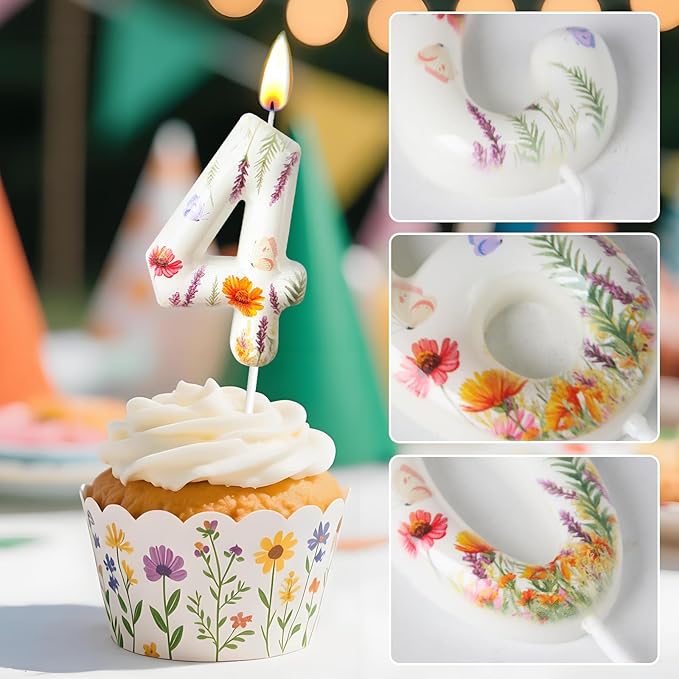 Number 4 Birthday Candle for Cake – Floral Botanical Design with Butterfly Detail – Elegant Cake Topper for Birthday, Garden Party Decoration