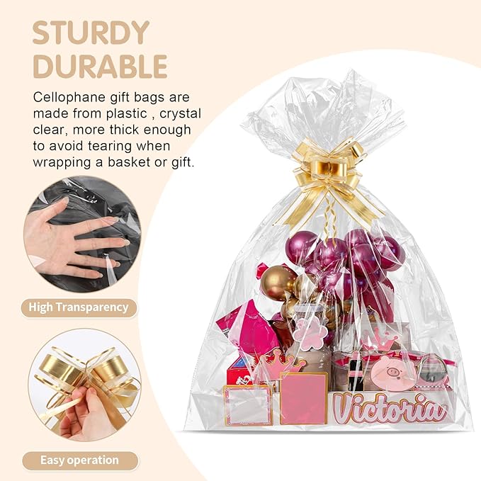 10 Pcs Extra Large Cellophane Bags 50x60 Inches for Gift Baskets, Clear Gift Basket Wrap with 10 Gold Ribbons, Food-Safe Plastic Packaging for Valentine's Day,Christmas,Weddings,Auctions