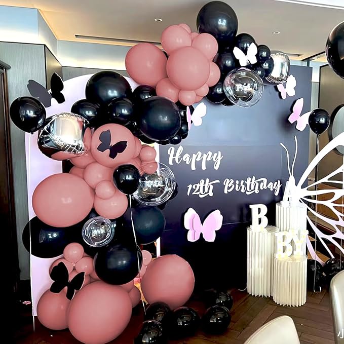 Dusty Pink Black Balloons Arch Kit, 151Pcs Black Pink and Bobo Balloons Garland 18 12 10 5 inch for Women Girls Birthday Wedding Bridal Shower Bachelorette Anniversary Party Decorations