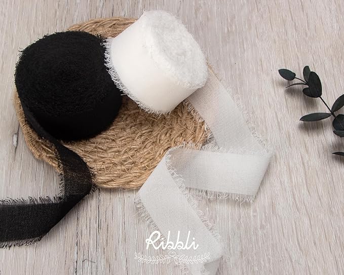 Ribbli White Ribbon 1 Inch x 3 Rolls Total 24 Yards Handmade Fringe Chiffon Silk Ribbon for Wrapping Wedding Invitations Bridal Bouquets DIY Crafts Home Decor