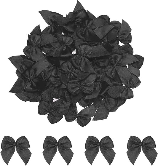 MECCANIXITY 50Pcs Mini Ribbon Bow 1" Mini Fabric Satin Ribbon Flower Bows for Craft DIY Sewing Wedding Birthday Party Black
