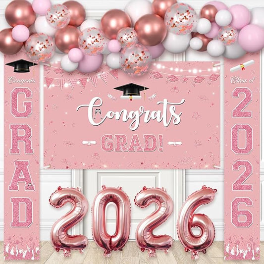 AIBIIN 78pcs Graduation Decorations Class of 2026 Pink Rose Gold Graduation Balloon Arch Kit with Congrats Grad Backdrop Class of 2026 Porch Sign Banner Congrats Grad Prom Party Decorations Supplies