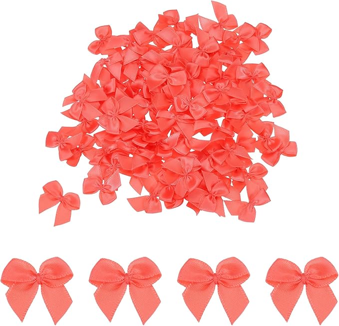 MECCANIXITY 50 Pcs Mini Ribbon Bow 1" Mini Fabric Satin Ribbon Flower Bows for Craft DIY Sewing Wedding Birthday Party Gift Wrap Bows Coral Pink
