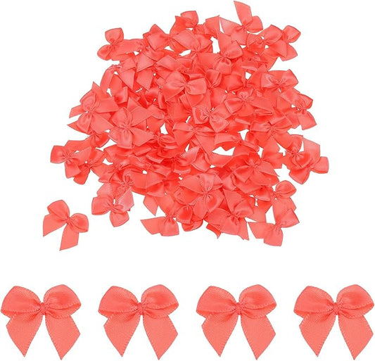 MECCANIXITY 50 Pcs Mini Ribbon Bow 1" Mini Fabric Satin Ribbon Flower Bows for Craft DIY Sewing Wedding Birthday Party Gift Wrap Bows Coral Pink