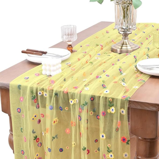 Joanlody 3pcs Yellow Embroidery Daisy Spring Summer Table Runner Florals Seasonal Easter Tulle Table Runner Holiday Kitchen Dining Table Decoration Wedding Party