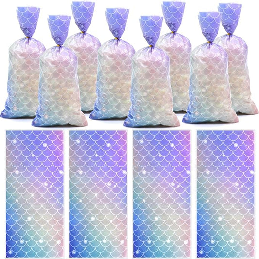 Pedenty 160 Pcs Mermaid Cellophane Treat Bags – Iridescent Under the Sea Candy Bags with Twist Ties – Girls Birthday Party Favor Goodie Bags for Mermaid Theme, Classroom Exchange, or Baby Shower