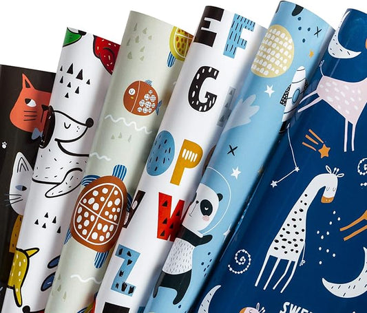 WRAPAHOLIC Wrapping Paper Sheet - 12 Sheets Cute Animal Design for Birthday, Holiday, Party, Baby Shower - 17.5 Inch x 39.3 Inch Per Sheet