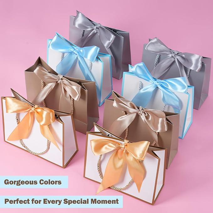 SHIPKEY 10PCS Pink Gift Bags, 11"x4"x8" Medium Welcome Bags, Luxury Shopping Bags with Ribbon Handle and Bows (28x10x20cm)