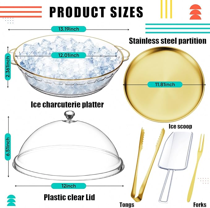 Baderke 11.8" Chilled Serving Tray for Parties with Compartments and lid Ice Chilled Party Platter Charcuterie Serving Board Cold Dish Dip for Fruit Seafood Vegetable Shrimp Cocktail (Gold,2 Pcs)