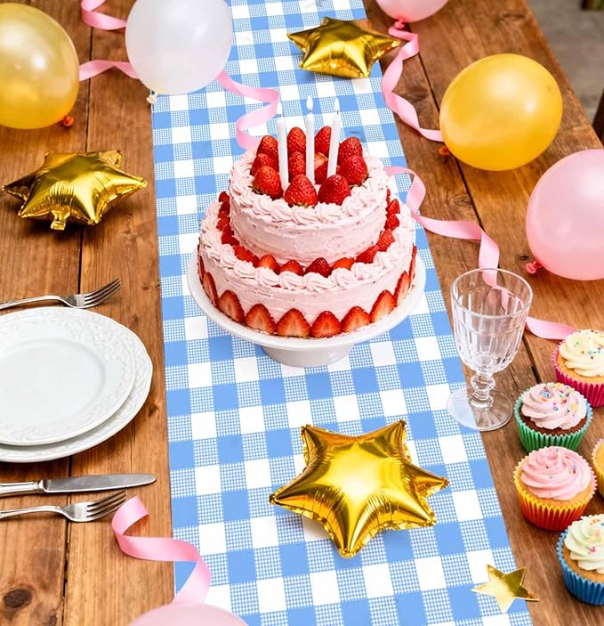 12 Pcs Light Blue and White Checkered Table Runner Plastic 14 x 108 Disposable Baby Blue Gingham Table Runner for Birthday Wedding Baby Shower Party Table Centerpiece Decorations