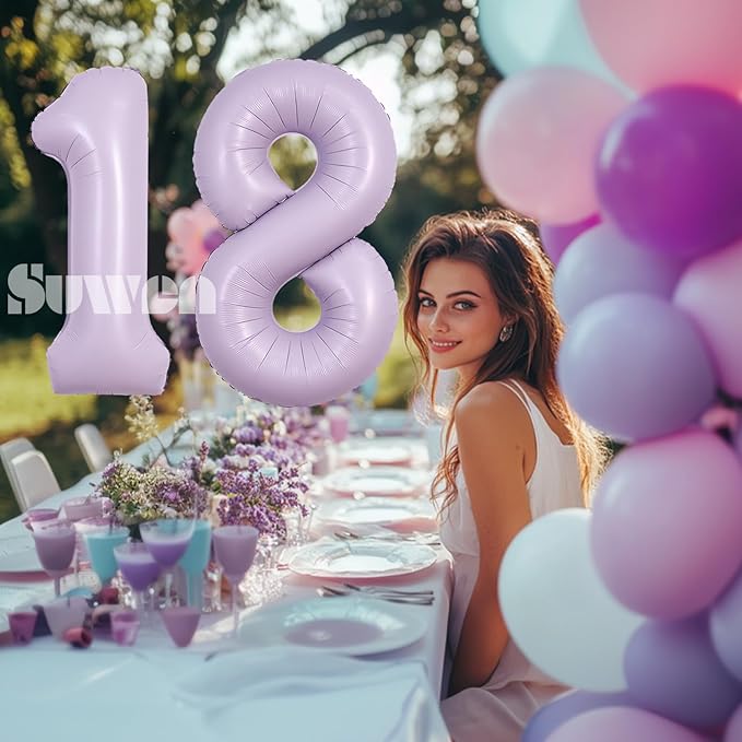 SUWEN 40 Inch Light Purple Large 18 Balloon Number Big Foil Helium Lavender Number Balloons Huge Mylar 0-9 Giant Jumbo Happy 18th Birthday Party Anniversary Decorations