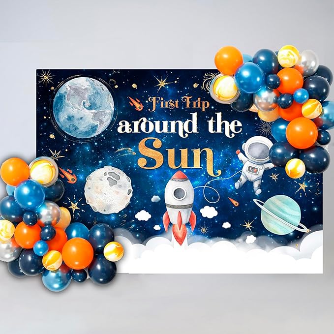 Mocsicka First Trip Around The Sun Birthday Backdrop for Boy Outer Space Sun 1st Birthday Party Decoration Galaxy Blast Off Moon Planets Rocket 1st Trip Around The Sun Cake Table Banner(82''x60'')