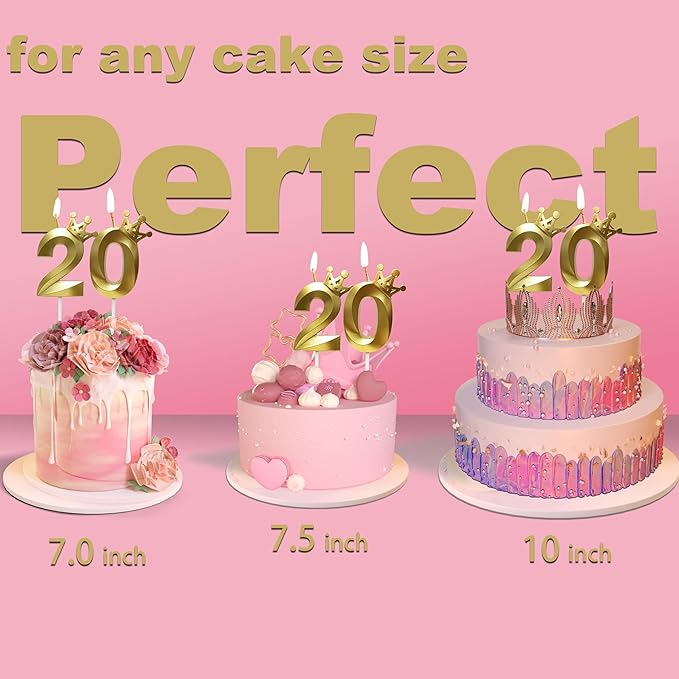 The Number 20 Gold Birthday Candles for Cake is Beautiful Number Candles for 20th Birthday Decorations for Man and Women (Gold-20, Crown)