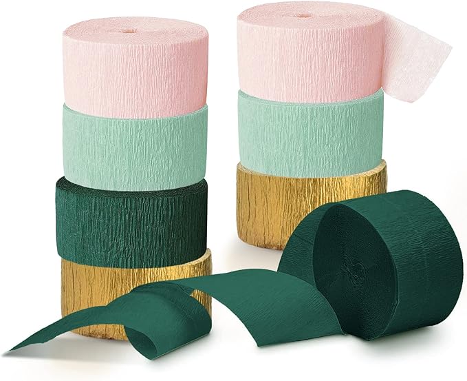AOBKIAT Wedding Decor Sage Pink Gold Crepe Paper 8 pcs Streamers Party Decorations for Wedding,Rustic Bachelorette,Birthday,Bridal/Baby Shower,Anniversary Party Backdrop Decoration