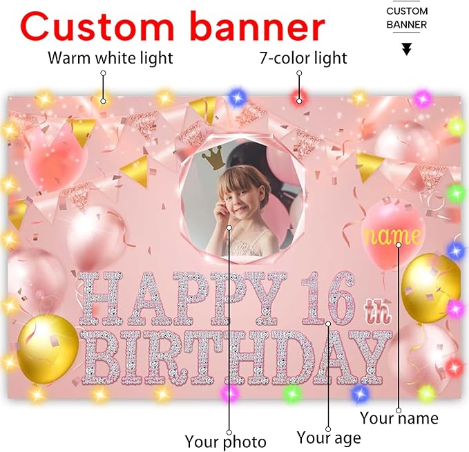 Dicodes Custom Rose Gold Pink Theme Birthday Banner for Party Happy Birthday Backdrop Decoration Personalized with Name and Photo