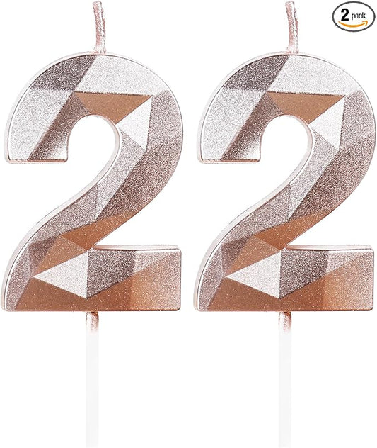 22th Birthday Candles,Number 22 Candles,Rose Gold Happy Birthday Candle for Cake,3D Design Cake Topper Decorations for Women Men Birthday Party Wedding Anniversary Celebration Supplies