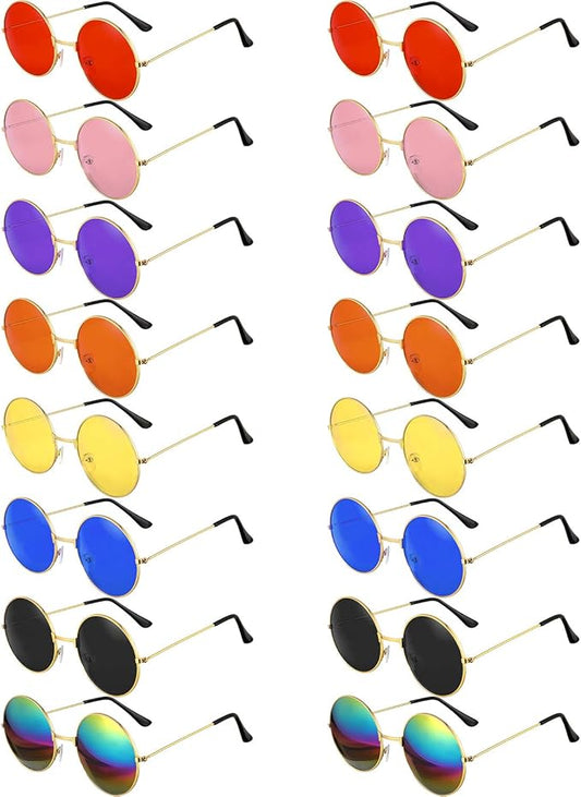 16 Pairs 60s 70s Hippie Circle Glasses Colorful Glasses for Women Men Costume Party Favor(Retro Color Set)