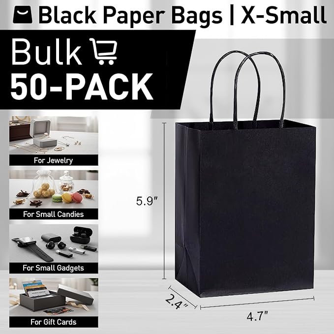 SUNCOLOR 50-Pack Mini Paper Gift Bags, 6" Mini Goodie Bags, Black Handle Party Favor Bags for Birthday, Halloween, Wedding