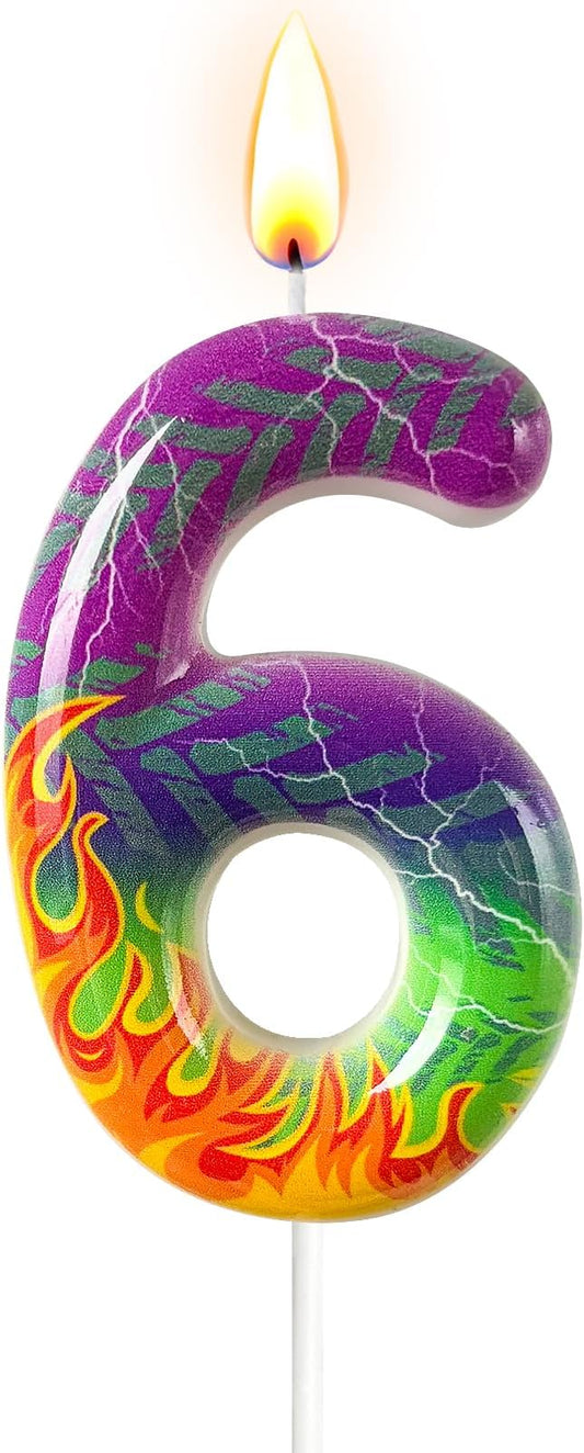 Number 6 Birthday Candle for Cake – Purple Green Flame Design with Lightning & Tire Track Pattern – Off-Road Truck Theme Cake Topper for Birthday Party Decoration