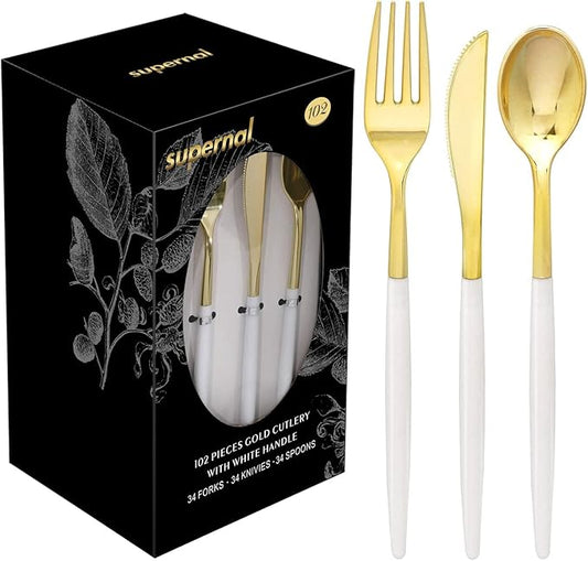 Supernal 102pcs Gold Plastic Cutlery Set with Elegant White Handles - Heavy Duty Disposable Silverware (34 Forks, 34 Spoons, 34 Knives) - Premium Plastic Flatware for Weddings, Gala & Upscale Events