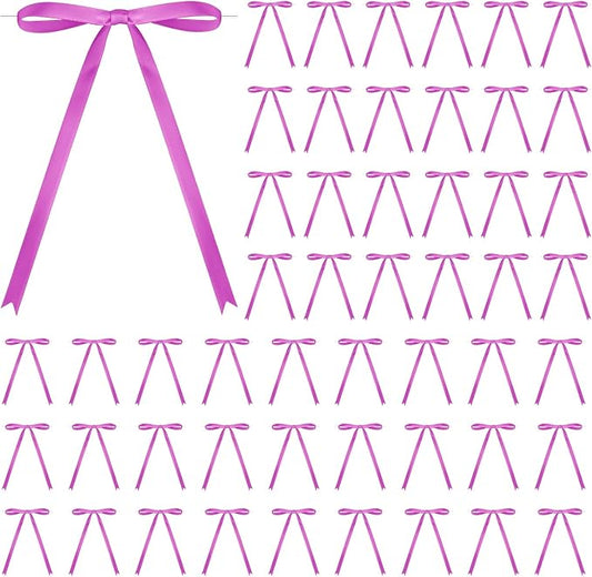 50 Pcs Satin Ribbon Bows 5x7 Inch Twist Tie Bows, Cute Bow Decor for Gift Wrapping, Cake Treat Bags, Craft DIY Gift, Party Favors Wedding Decorations (Purple)