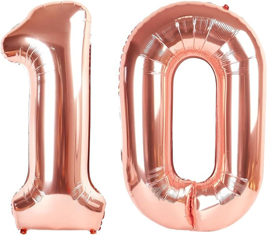 10th Number Balloon Birthday Decorations, 40 Inch Big Foil Balloon for Men & Women, Rose Gold Number Balloons for Wedding Memorial Day Birthday Aniversarry Supplies