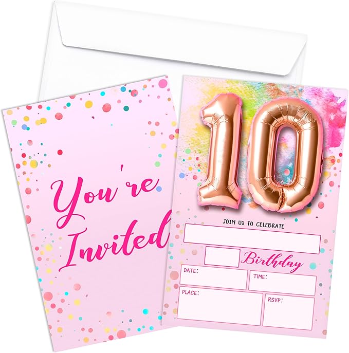 Rose Pink Balloon Birthday Invitations, 10th Surprise Birthday Party Invitations Cards with Envelopes, Confetti Polka Dot Fill-in Invites, 10th Pink Birthday Decorations for Girls -06
